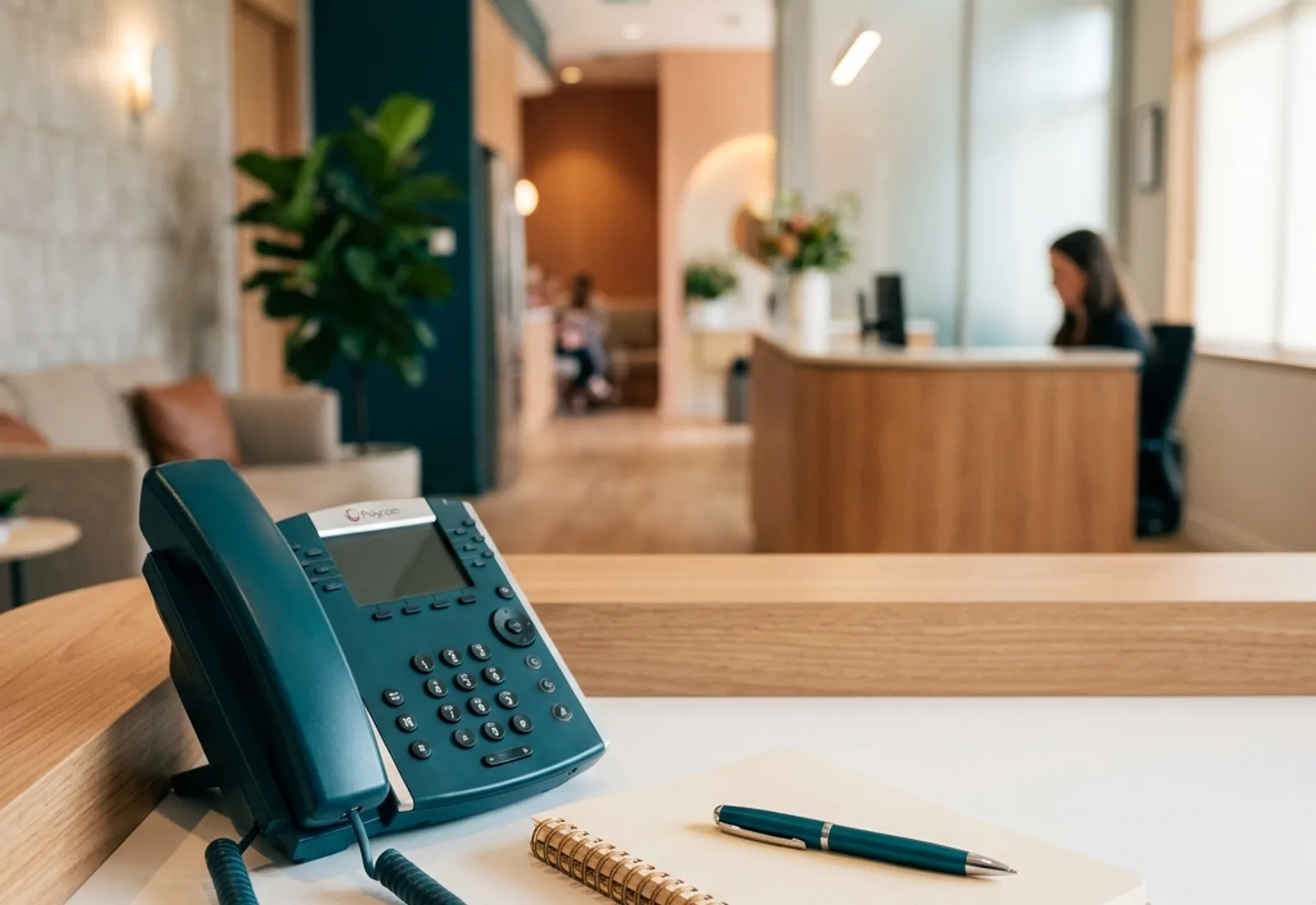 Modern clinical administration and reception workspace with desk phone and notebook in soft focus.