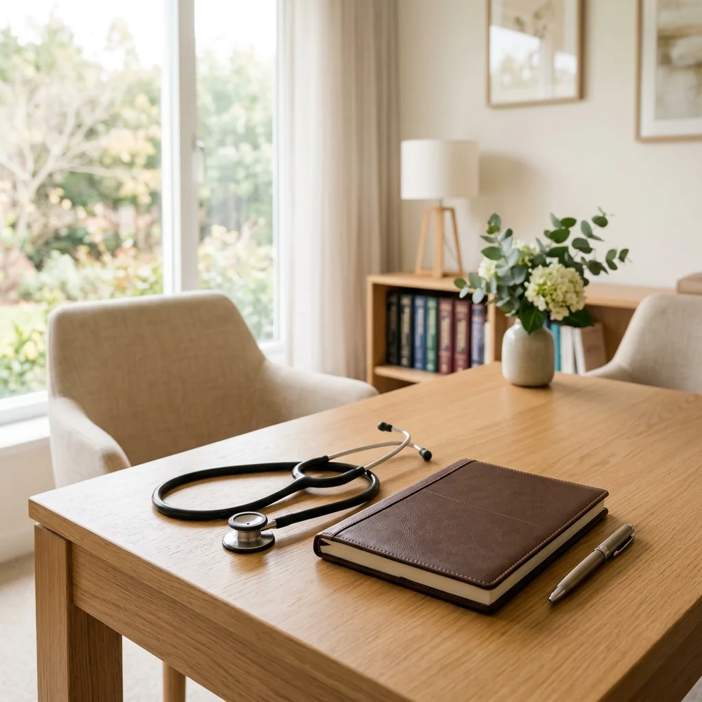 A modern consultation workspace with a notepad, pen, and stethoscope under natural daylight.