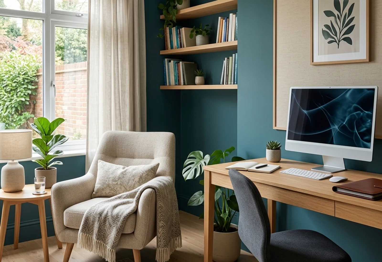 A clean, modern clinical consulting room with a comfortable armchair and desk in soft natural light.