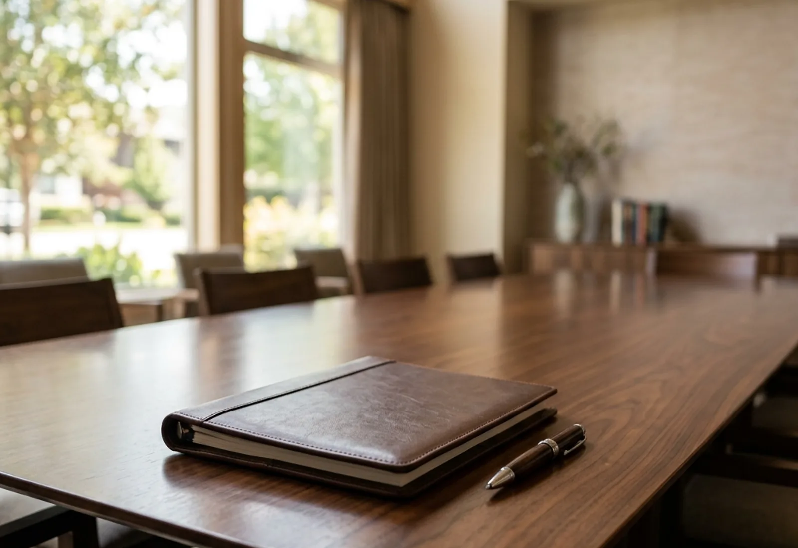 Polished wooden meeting table with a closed brown leather folder and a pen in a clinical board room setting.