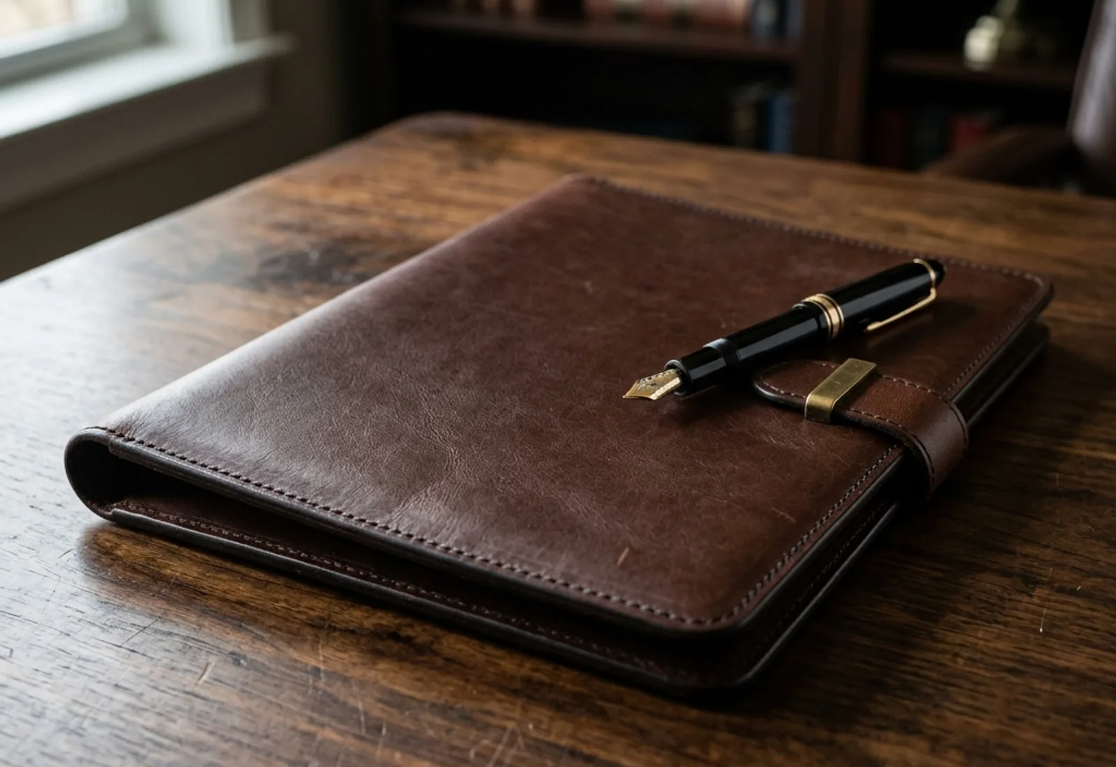 Close-up of a premium leather document folder and pen resting on a dark wood table.