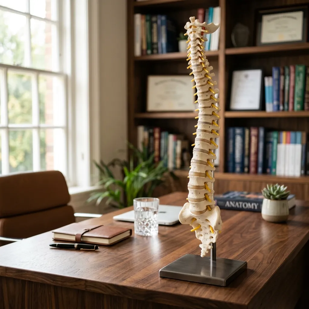 Abstract medicolegal visual showing a clinical chronology document connected to a spinal neurosurgery scan.