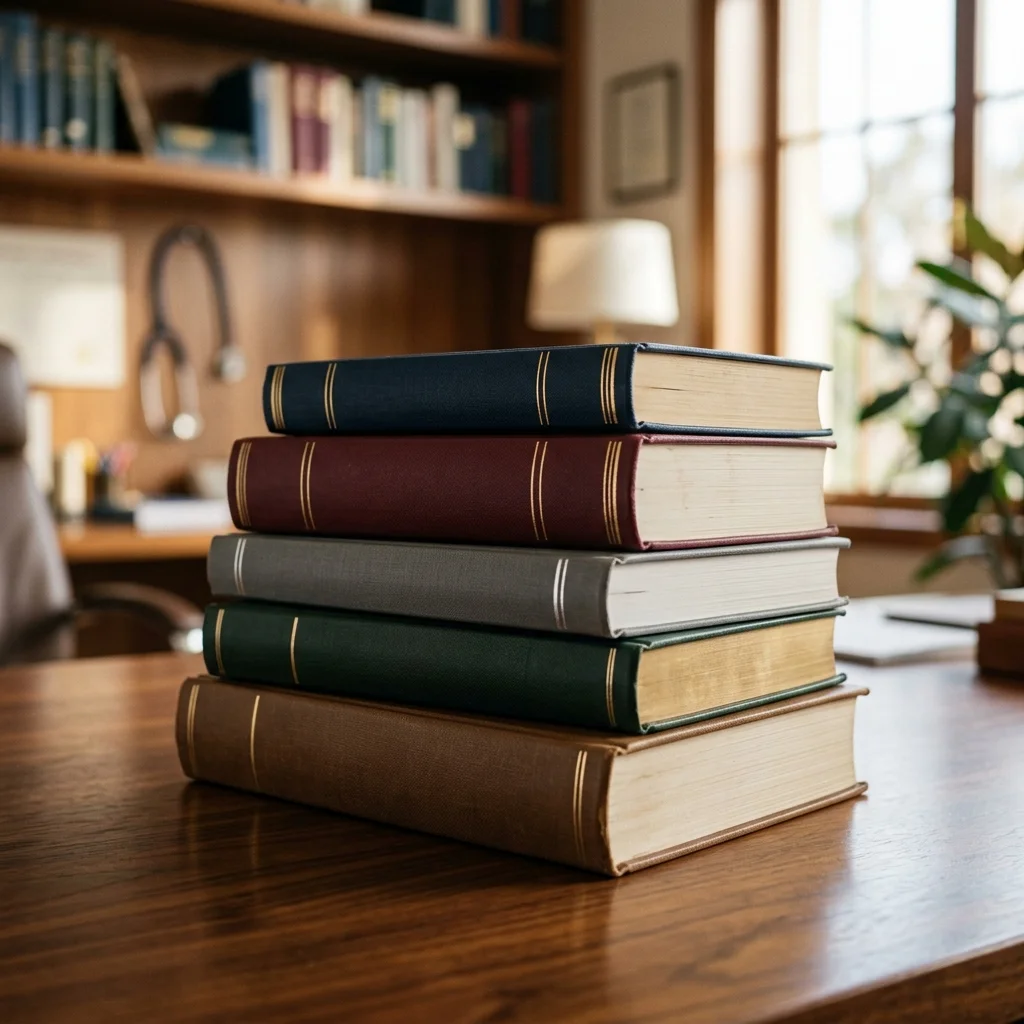 A stack of official medical reference books and impairment assessment manuals on a wooden desk.