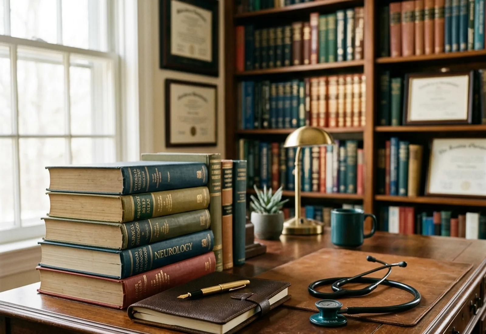 Elegant medical study desk with medical textbooks, a notebook, and a stethoscope under soft light.