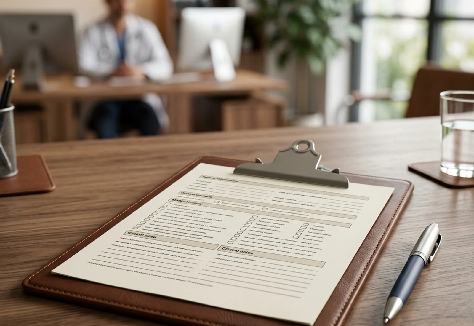 A medical clipboard and questionnaire form on a desk in a clinical office setting.
