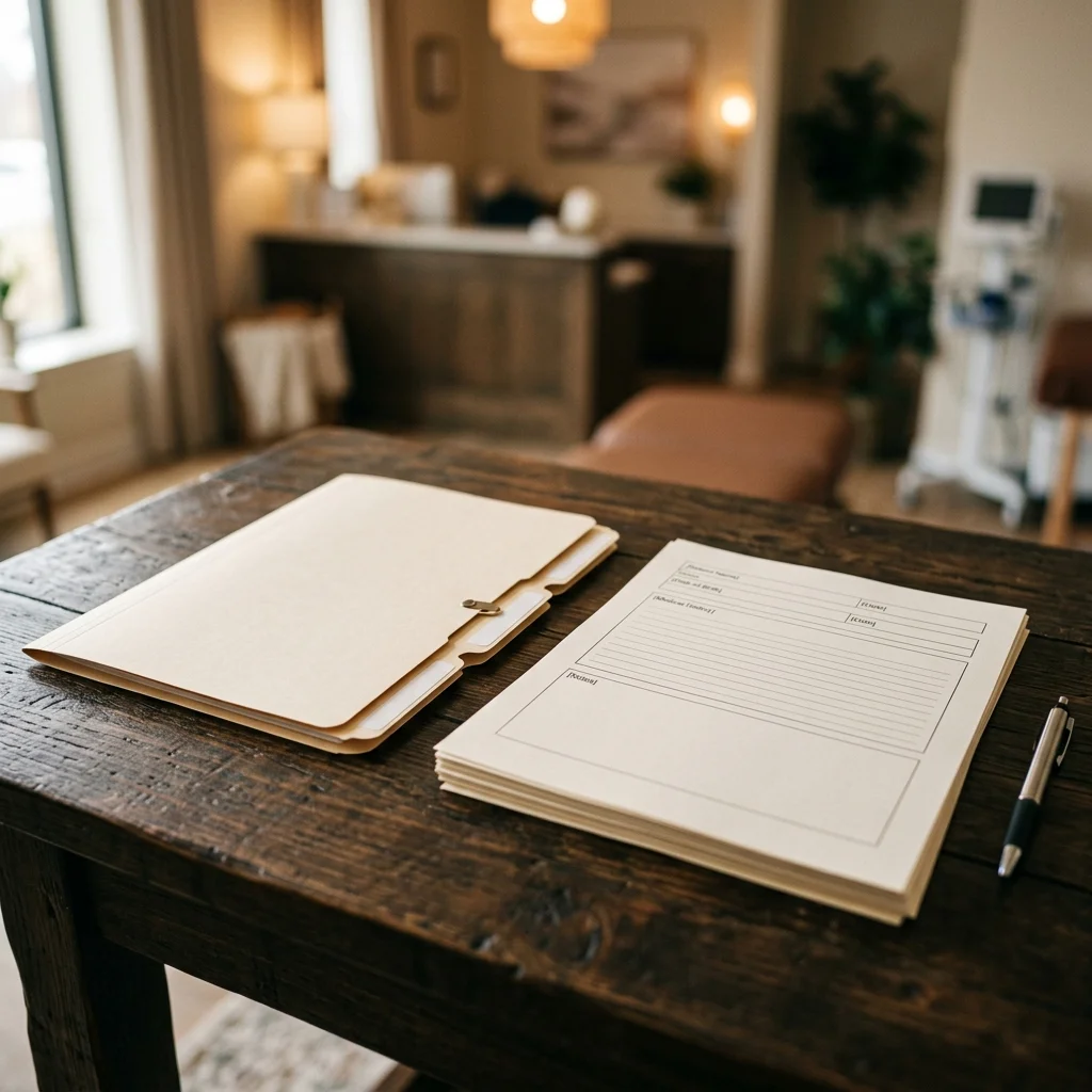 A neat medical file folder and documentation prepared for a legal assessment.