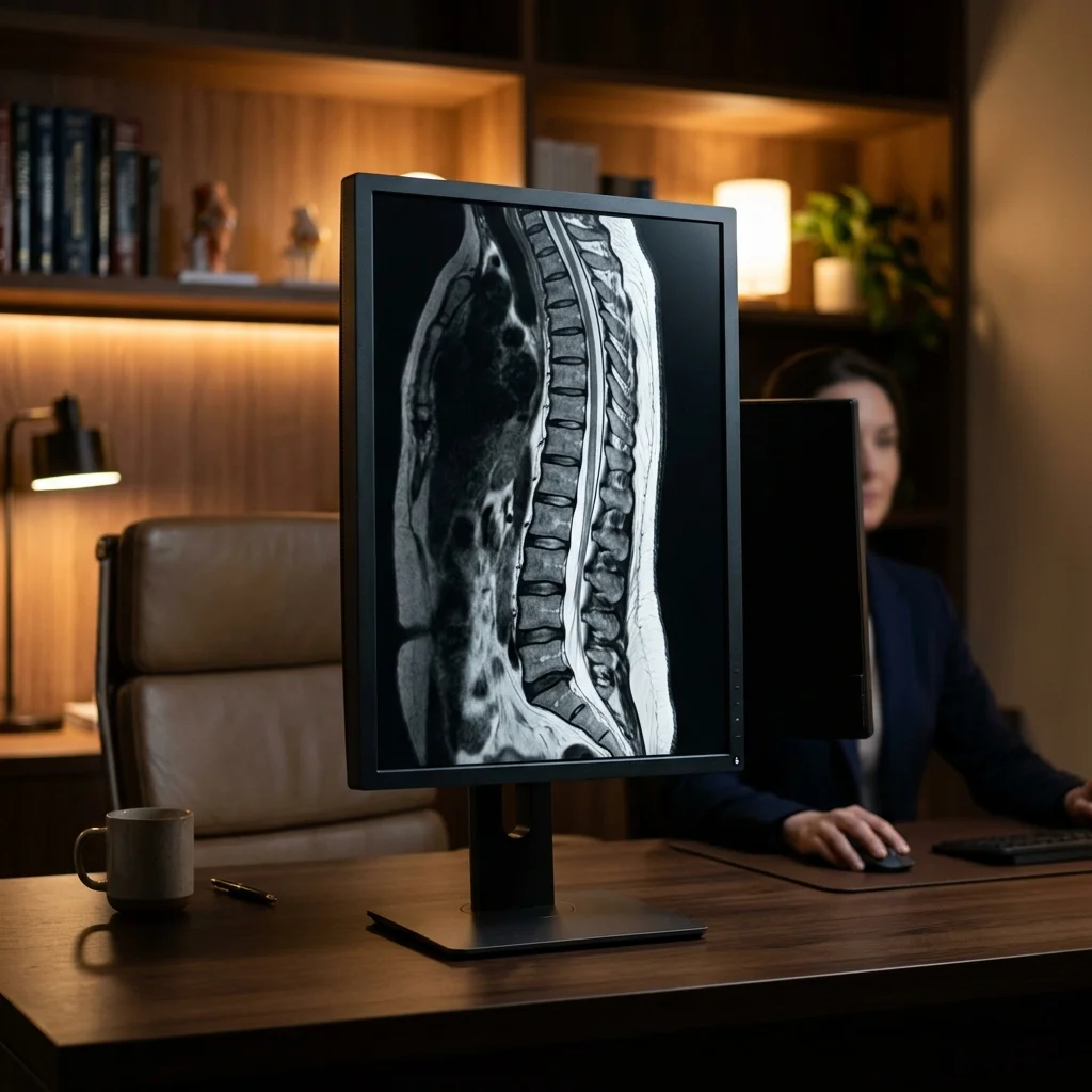 Spinal MRI scans displayed on a medical workstation screen during a detailed clinical file review.