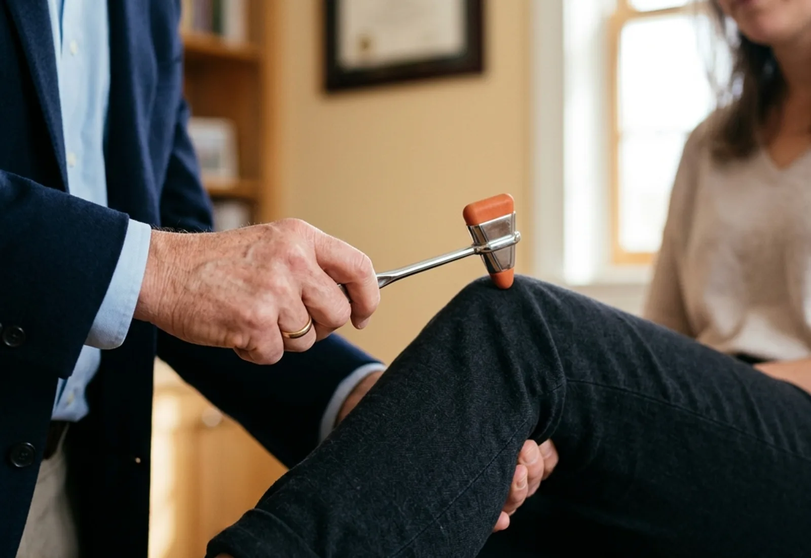 Neurological reflex test being performed using a reflex hammer on a patient's knee in a clinic.