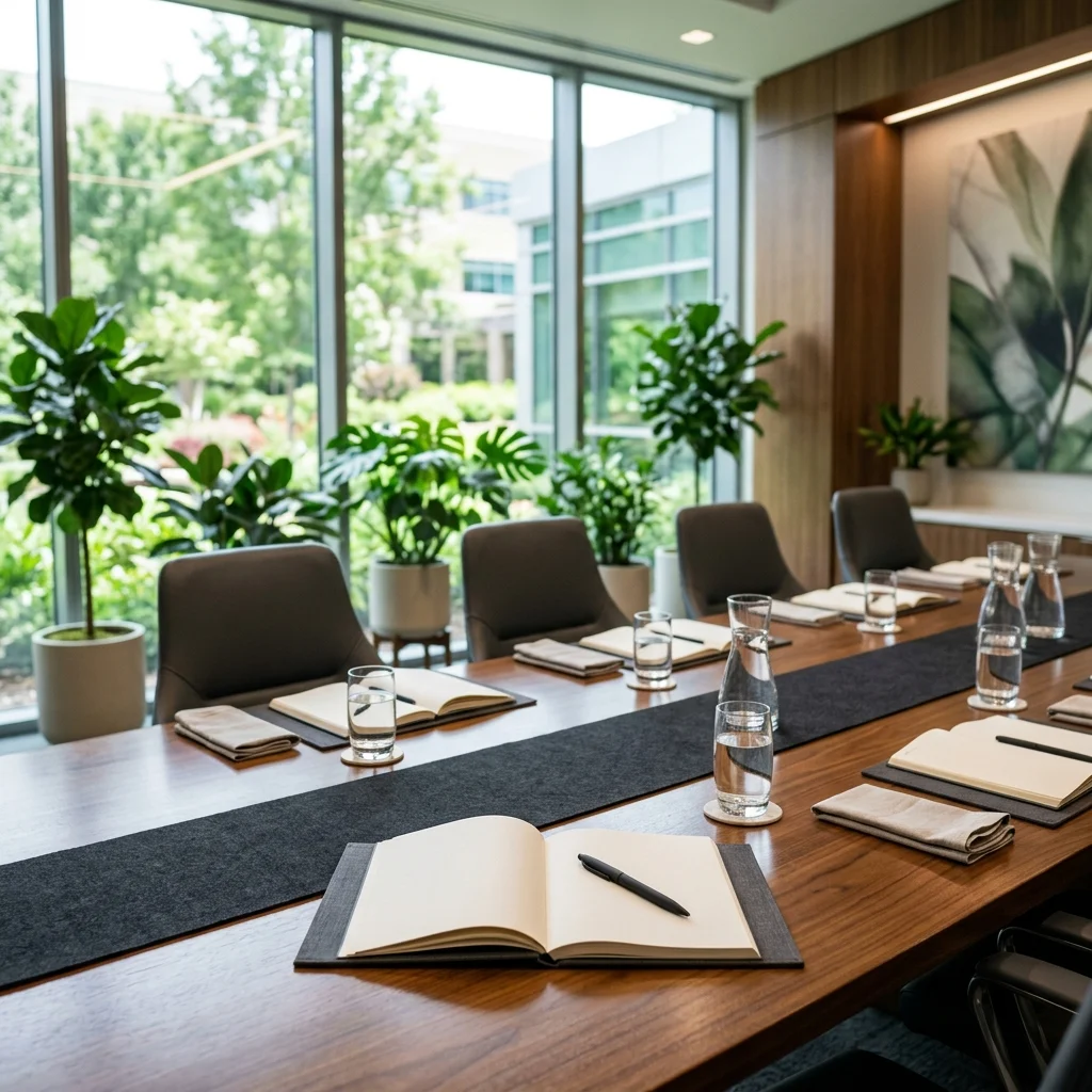 A professional meeting table in a clinical setting with notebooks and natural lighting.