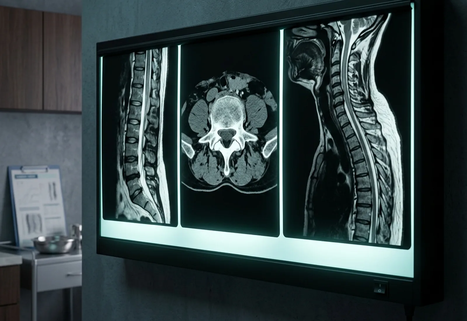 Spinal MRI and CT film sheets glowing on a medical light box viewer in a clinical environment.