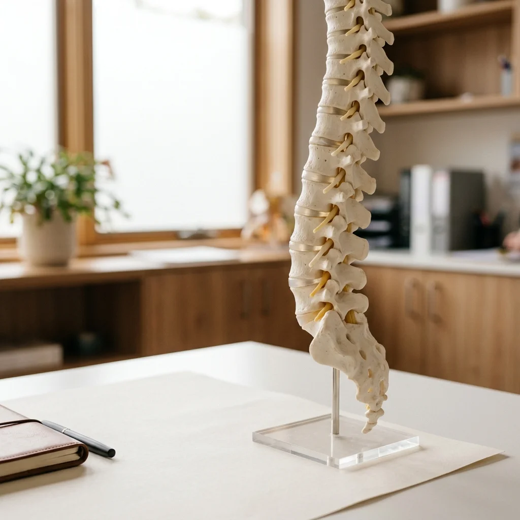 Anatomical human spine model on a clinical desk, used for explaining complex spinal injuries.