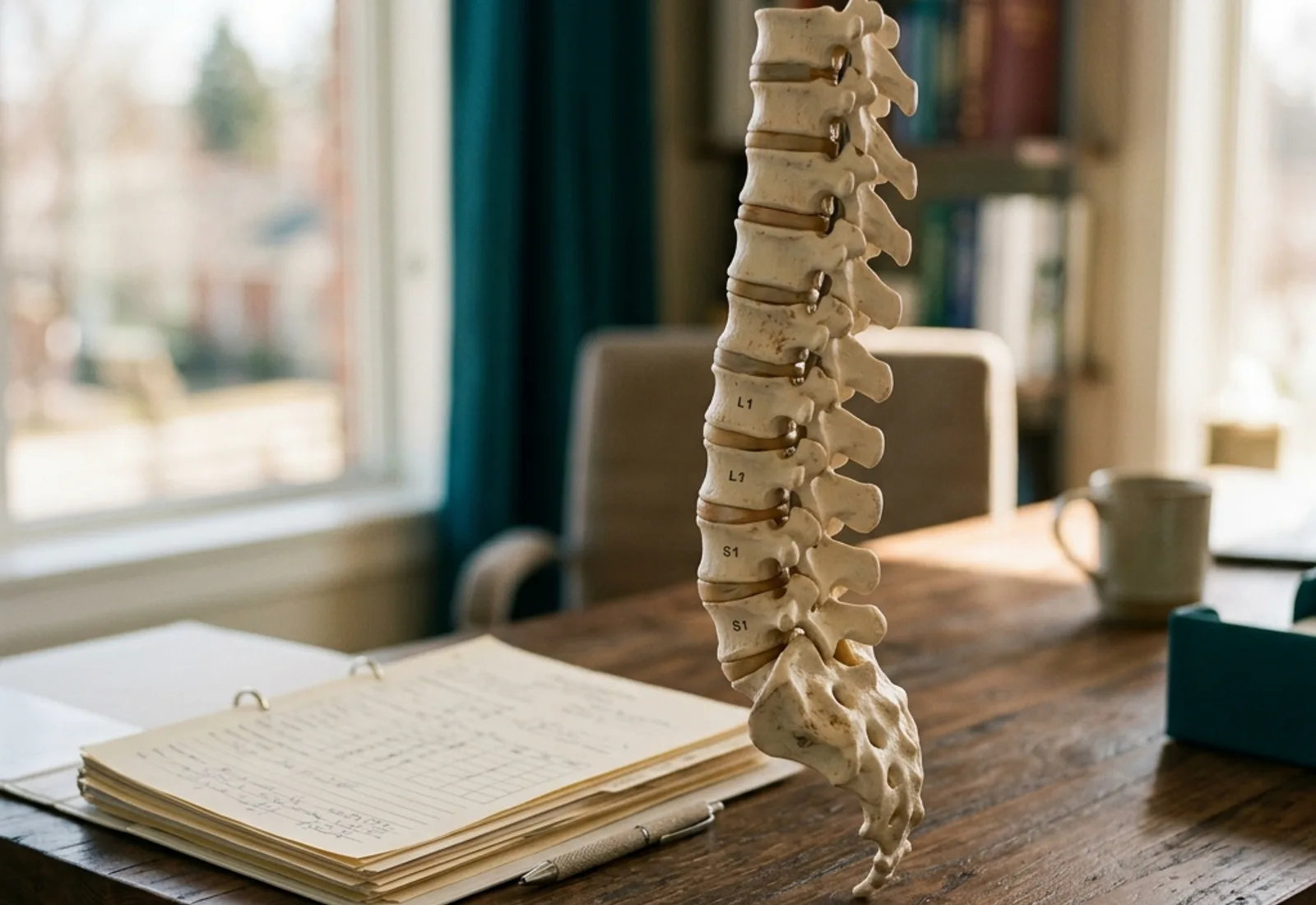 Anatomical model of human spine vertebrae column resting on a desk with clinical assessment papers in soft natural light.
