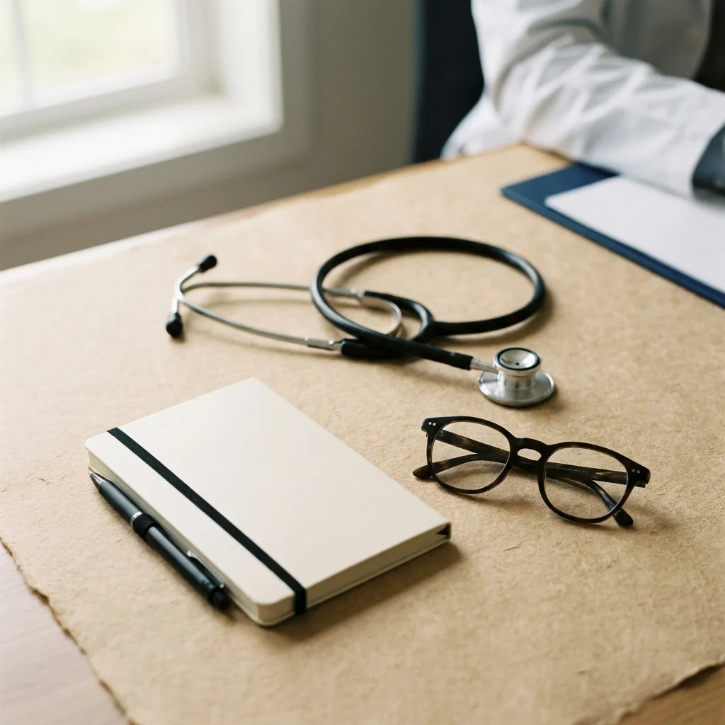 Close-up of a stethoscope, reading glasses, and closed notebook on a clinician's desk.